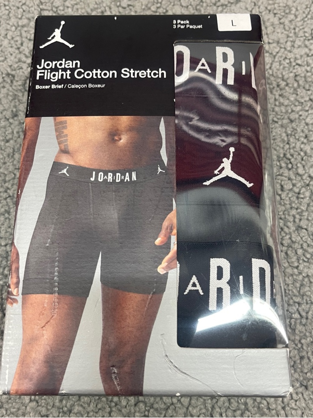 Jordan Flight Mens Cotton Stretch Boxer Briefs 3 Pack Large Black Gray Underwear